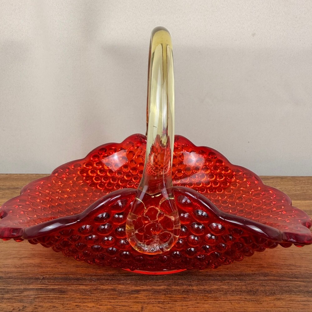 VTG 8” Fenton Amberina Hobnail Basket w/ Applied Handle Crimped Rim